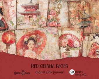 Red Geisha Junk Journal, Japanese Asian Ephemera (Printable)