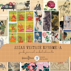 Materiale effimero vintage asiatico, aggiunta di diario cinese, etichette stampabili giapponesi, abbellimenti per biglietti, carta Geisha, kit di collage orientale per album fotografici