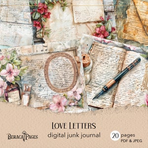 Love letters junk journal kit printable flower scrapbook vintage writing journal pages botanical digital journal romantic victorian ephemera