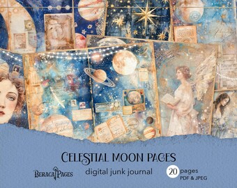 Celestial Moon Junk Journal Kit, Vintage Ephemera Stars (Digital Download)
