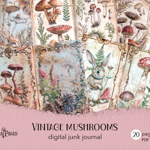 Vintage mushrooms junk journal, red mushroom scrapbook paper, botanical collage, printable forest digital journal, vintage background