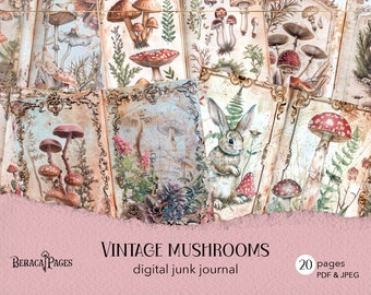 journal indésirable de champignons vintage, papier de scrapbooking champignon rouge, collage botanique, journal numérique imprimable de forêt, fond vintage