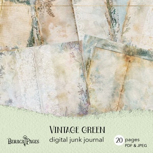 Vintage groen junkjournaal, afdrukbare lege journaalpagina's, pastel digitaal dagboek, botanisch plakboek, opvuldagboekpapier, varenpagina's