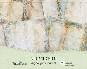 Vintage grünes Junk Journal, bedruckbare leere Journalseiten, digitales Pastell Journal, botanisches Scrapbook, Füller Journal Papier, Farn Seiten