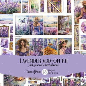 Lavendel-add-on, paars junkdagboek, afdrukbare plakboekstickers, dagboekversieringen, kieskeurige snijbloemen, efemere lavendel