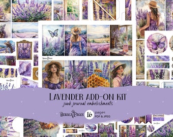 May include: A digital scrapbooking kit with 16 pages of lavender-themed images, including a woman in a field of lavender, a butterfly, and a vintage window. The kit is perfect for adding a touch of whimsy and elegance to your projects.