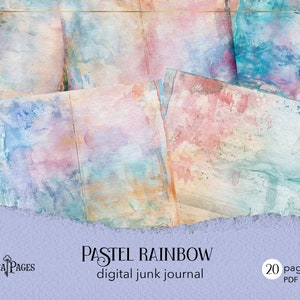 Pastelowy tęczowy dziennik śmieciowy, drukowane strony wypełniające, kolorowy cyfrowy dziennik, fantazyjny album, cyfrowy kolaż, pastelowe strony pamiętnika