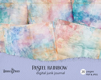 Pastell Regenbogen Junk Journal, druckbare Füllseiten, buntes digitales Journal, wunderliches Scrapbook, digitale Collage, Pastell Tagebuch Seiten