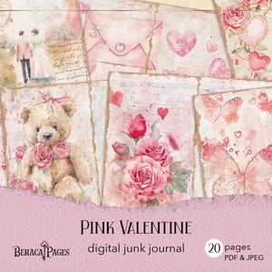 Valentijnsharten junkdagboek, afdrukbaar shabby chic dagboek, digitaal valentijnsdagboek, rozen plakboekpapier, roze harten achtergrond
