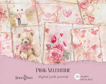 Valentine Hearts Junk Journal Pages, Shabby Chic Roses (Digital Download)