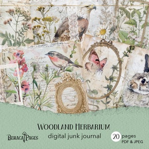 Diario spazzatura dell'erbario del bosco, pagine botaniche stampabili, diario digitale degli animali della foresta, scrapbooking della natura, sfondo neutro rustico