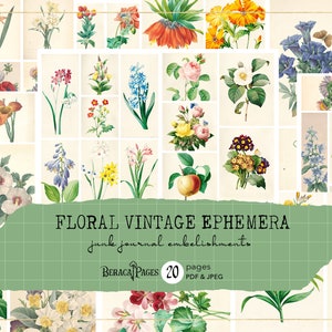 Florale Vintage Ephemera, botanisches junk Journal add-on, Pastellblumen druckbare Tags, digitales Scrapbooking, Blumenkartenverzierungen