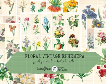 Floral Vintage Ephemera, Botanical Junk Journal Embellishments (Digital Download)