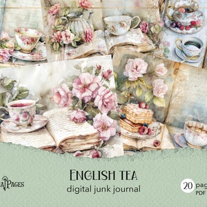 Journal anglais pour le thé, pages victoriennes imprimables, journal numérique thé, album de macarons, collage de roses roses vintage, papier shabby chic
