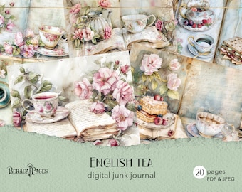 May include: A digital junk journal with a watercolor illustration of teacups, books, roses, and pastries. The title of the journal is "English Tea" and it includes 20 pages in PDF and JPEG format.