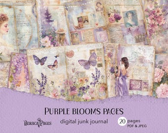 Purple Blooms Junk Journal Pages, Regency Wisteria Scrapbook Paper (PDF & JPEG)