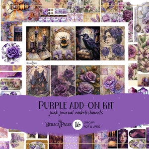 Kit de complementos roxo, diário de lixo celestial, adesivos para scrapbook para impressão, enfeites de diário, cortes delicados de rosas, itens efêmeros de flores roxas