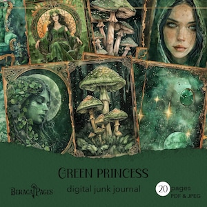 Carnet de voyage princesse verte, journal céleste imprimable, journal numérique lune, papier de scrapbooking forêt, fond reine, collage univers