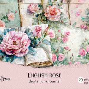 Diario spazzatura con rose inglesi, diario digitale shabby chic, pagine stampabili per giardini di rose, carta per scrapbooking floreale, collage di rose vintage