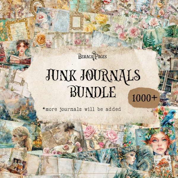 Junk journals BUNDLE, printable scrapbook paper, junk journal kit, botanical collage, vintage ephemera, shabby chic roses, library books