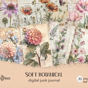 Miękki dziennik botaniczny, papier do drukowania pastelowych kwiatów, cyfrowy dziennik ziół, papier do scrapbookingu przyrodniczego, kolaż starych motyli