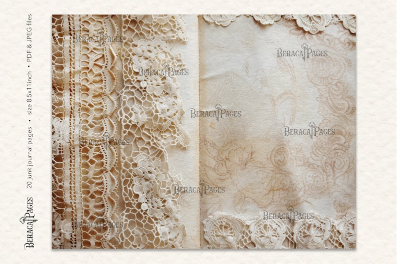 Vintage Spitze Junk Journal, antike Seiten zum Ausdrucken, digitales Journal mit Spitze, Hochzeit Scrapbook Papier, Hintergrund mit Spitze, beige Ephemera Collage Bild 7