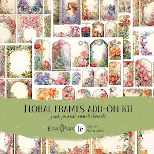 Kit complémentaire de cadres floraux, étiquettes de journal de fleurs indésirables, cartes de scrapbooking imprimables, embellissements de chat de journal, éphémères de fleurs vintage