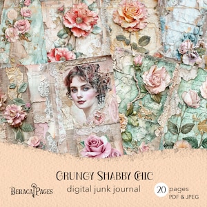 Shabby chic junkjournaal, digitaal dagboek, plakboekpapier pastelbloemen, vintage rozen, efemere rozen, mix media ambachtelijk papier, grunge achtergrond
