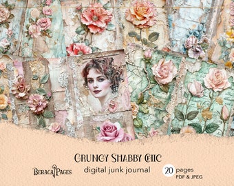 Shabby Chic Junk Journal, digitales Journal, Pastell Blumen Scrapbook Papier, Vintage Rosen Ephemera, Mix Media Bastelpapier, Grunge Hintergrund