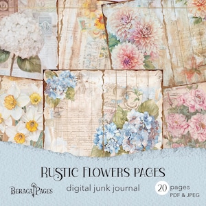 Diário de flores rústicas, diário para impressão shabby chic, diário floral vintage, papel de scrapbook botânico, fundo de madeira rústica