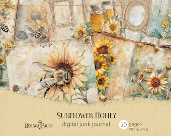 May include: A digital junk journal with a sunflower and honey theme. The cover features a collage of images including sunflowers, bees, honey jars, and vintage book pages. The title "Sunflower Honey" and the text "digital junk journal" are visible on the cover. The text "20 pages PDF & JPEG" is also visible.