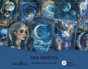 Star Princess Digital Junk Journal, Celestial Moon Scrapbook Paper (Printable Digital Download)