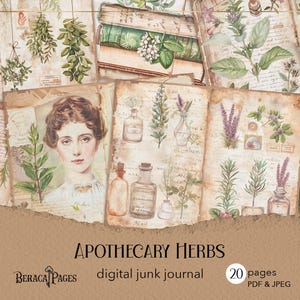Diario di erbe aromatiche da farmacia, diario botanico stampabile, carta per scrapbooking da farmacia, sfondo di piante, collage di effimeri di libri di erbe aromatiche