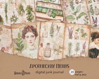 Apothecary Herbs Junk Journal, Botanical Scrapbook Paper (Digital Download)