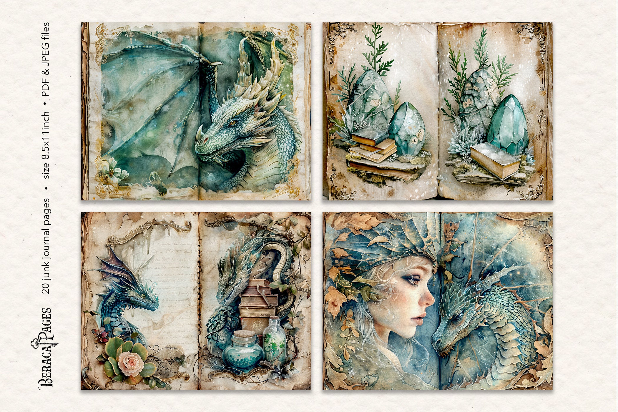 Vintage Dragon Junk Journal Pages, Floral Fantasy Paper (digital ...