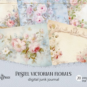 Diario digital con motivos florales victorianos en tonos pastel, páginas de rosas para imprimir, diario digital con marcos ornamentales, álbum de recortes shabby chic, efímeras extravagantes