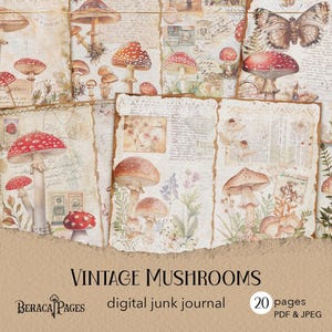 journal indésirable de champignons vintage, journal imprimable de champignons rouges, journal botanique numérique, papier de scrapbooking bois, éphémères de champignons