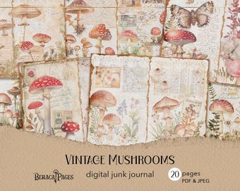 Vintage Mushroom Junk Journal, Botanical Scrapbook Paper (Digital Download)