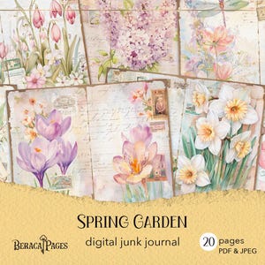 Frühlingsgarten Junk Journal, Blumen druckbare Seiten, digitales Journal Tulpen, Blumen Scrapbook Papier, Frühling Hintergrund, botanische Ephemera