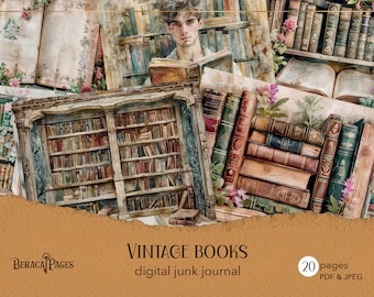 May include: A digital junk journal with 20 pages of vintage book illustrations. The cover features a torn paper effect with the text "Vintage Books" and "digital junk journal".