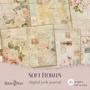 Journal de bric-à-brac floral doux, journal rose anglais imprimable, journal numérique shabby chic, papier rose de scrapbooking, éphémères de fleurs botaniques