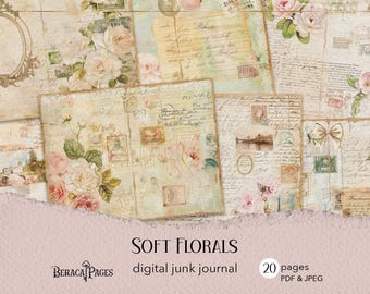 Soft Floral Junk Journal, Printable Shabby Chic Rose Pages (Digital Download)