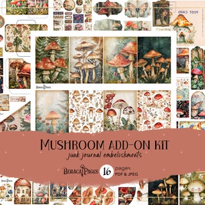 Paddenstoel-add-on, bosafvaldagboek, afdrukbare plakboektags, dagboekversieringen, kieskeurige snijpaddenstoelen, vintage ephemera bos