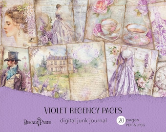 Violet regency junk journal kit, printable purple ephemera, romantic digital journal, Victorian scrapbook pages