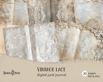 Vintage Spitze Junk Journal, antike Seiten zum Ausdrucken, digitales Journal mit Spitze, Hochzeit Scrapbook Papier, Hintergrund mit Spitze, beige Ephemera Collage