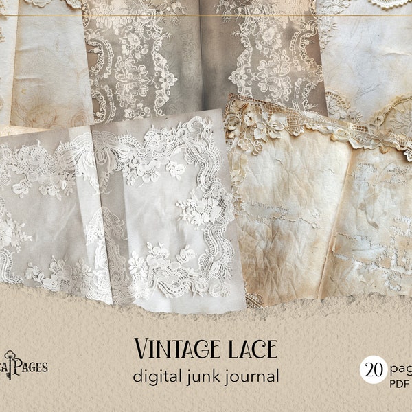 Vintage Spitze Junk Journal, antike Seiten zum Ausdrucken, digitales Journal mit Spitze, Hochzeit Scrapbook Papier, Hintergrund mit Spitze, beige Ephemera Collage