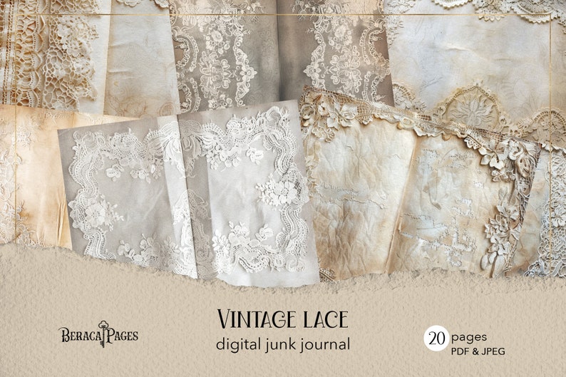 printable vintage lace digital junk journal pages, scrapbooking and crafting paper for journals, notebooks, cards and tags