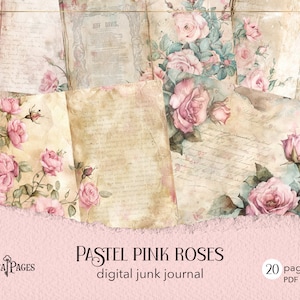 Dziennik śmieciowy z pastelowymi różami w kolorze różowym, strony wypełniające do wydruku, cyfrowy dziennik w stylu shabby chic, papier do scrapbookingu w stylu wiktoriańskim, kolaż z różami angielskimi w stylu vintage