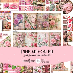 Roze uitbreidingskit, efemere rozenjunkdagboek, afdrukbare plakboekbloemenstickers, dagboekversieringen, kieskeurige snijbloemen