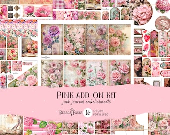 May include: Pink floral digital paper pack for junk journaling. The pack includes 16 pages of digital paper with pink roses, butterflies, and other floral designs. The digital paper is in PDF and JPEG format.